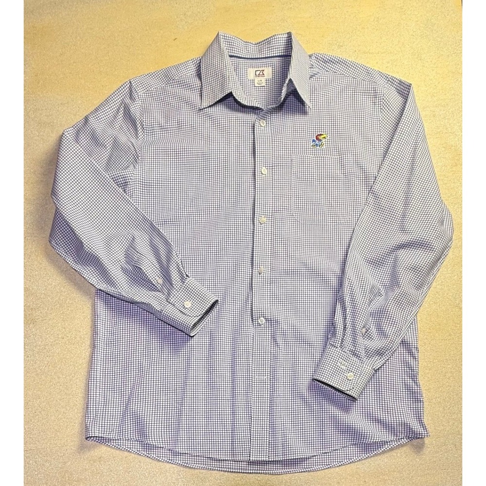 Cutter & Buck Mens Kansas Jayhawks Gingham Button Up Shirt Blue White Large-2416